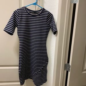 Navy Blue and Tan Iris Striped Dress, Size Large
